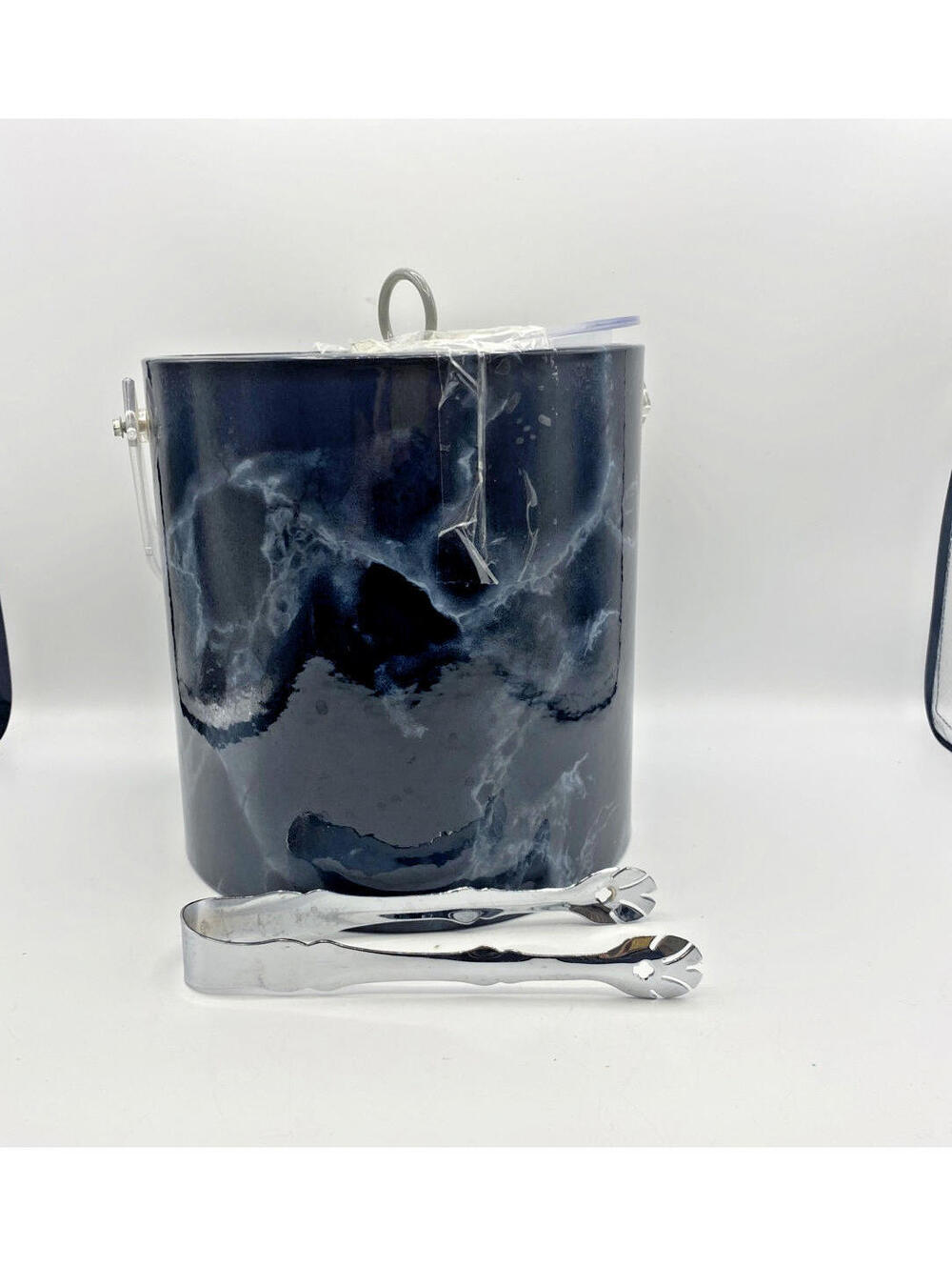 RETRO-STYLE Faux Gray Black MARBLE ICE BUCKET Clear Acrylic Lucite Handle/Lid